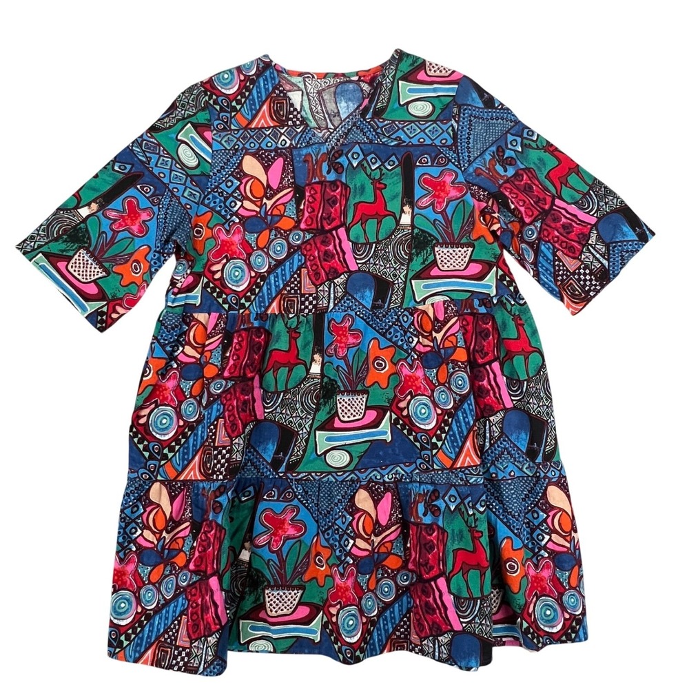 Emery Rose Abstract Deer Floral Print Tiered Babydoll Mini Dress XL Multi Color